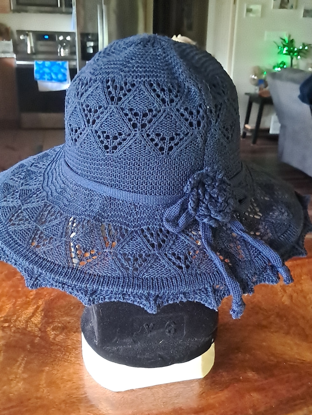Navy Blue Crochet Sun Hat with Floral Accent